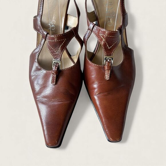 Y2k Vintage Franco Sarto Brown Leather Slingback Heels T-Strap Pointed Toe 7.5 - Picture 2 of 7